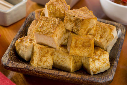 Cooked tofu on display