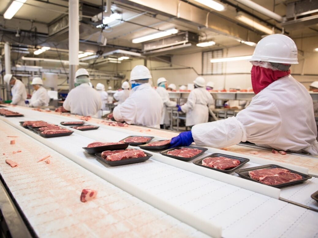 Workers in meat production facility