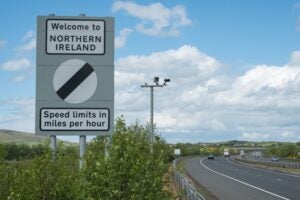 Republic of Ireland and Northern Ireland border sign on M1 motorway