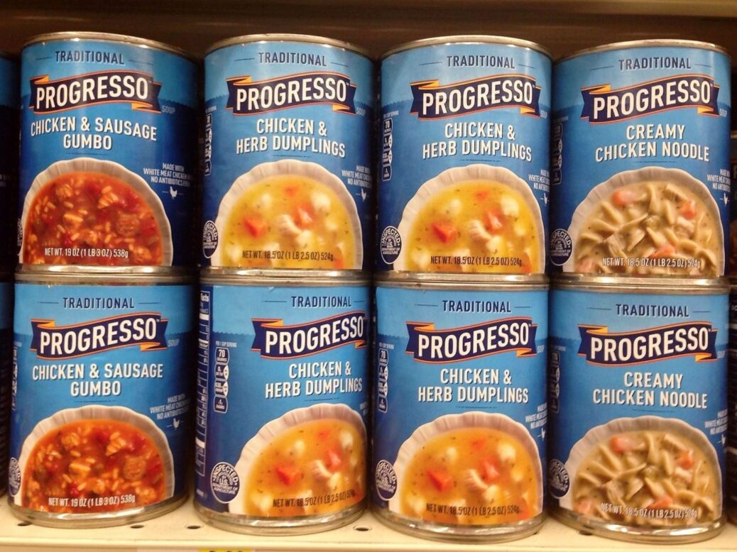 Progresso soups on sale in US grocery store, Fargo, North Dakota, 28 July 2019