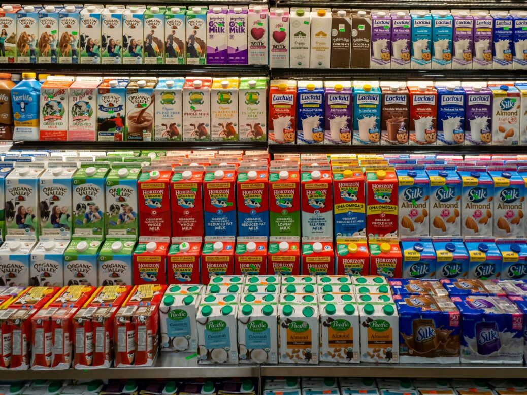 Milk and plant-based milk on sale in US supermarket