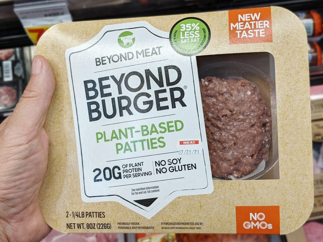 Beyond Burger plant-based burger patties in a supermarket aisle, Lake Elsinore, California, USA, 24 July 2021