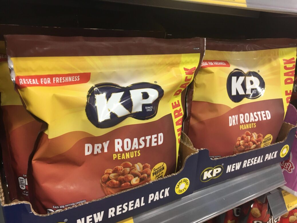 KP dry roasted peanuts on sale in Morrisons, Sidcup, 3 February 2022
