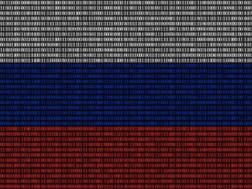 Russian flag superimposed on duplicate computer code