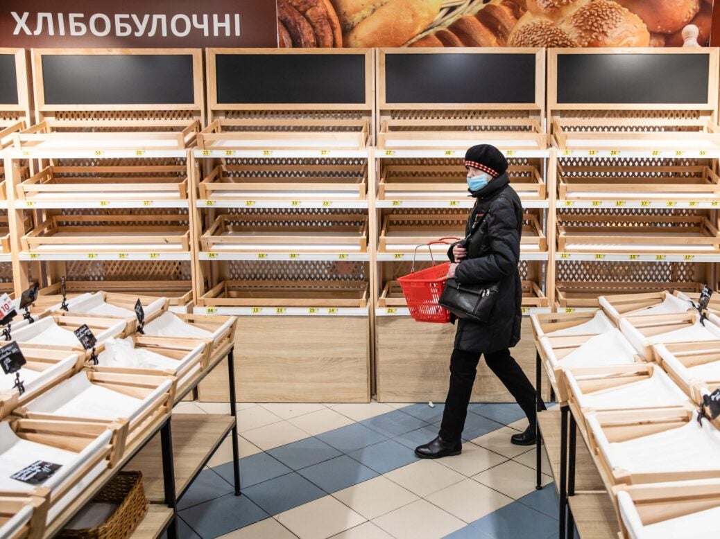 Empty shelves in Kyiv grocery store, 28 February 2022 (Credit: Drop of Light / Shutterstock.com)