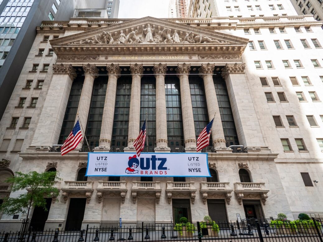 The New York Stock Exchange in New York is decorated for the initial public offering of Utz Quality Foods, 31 August 2020