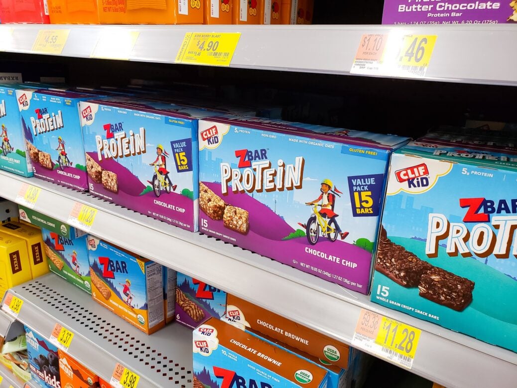 Clif Kid ZBar Protein bars on display at a local grocery store, Los Angeles, California, 1 July 2020