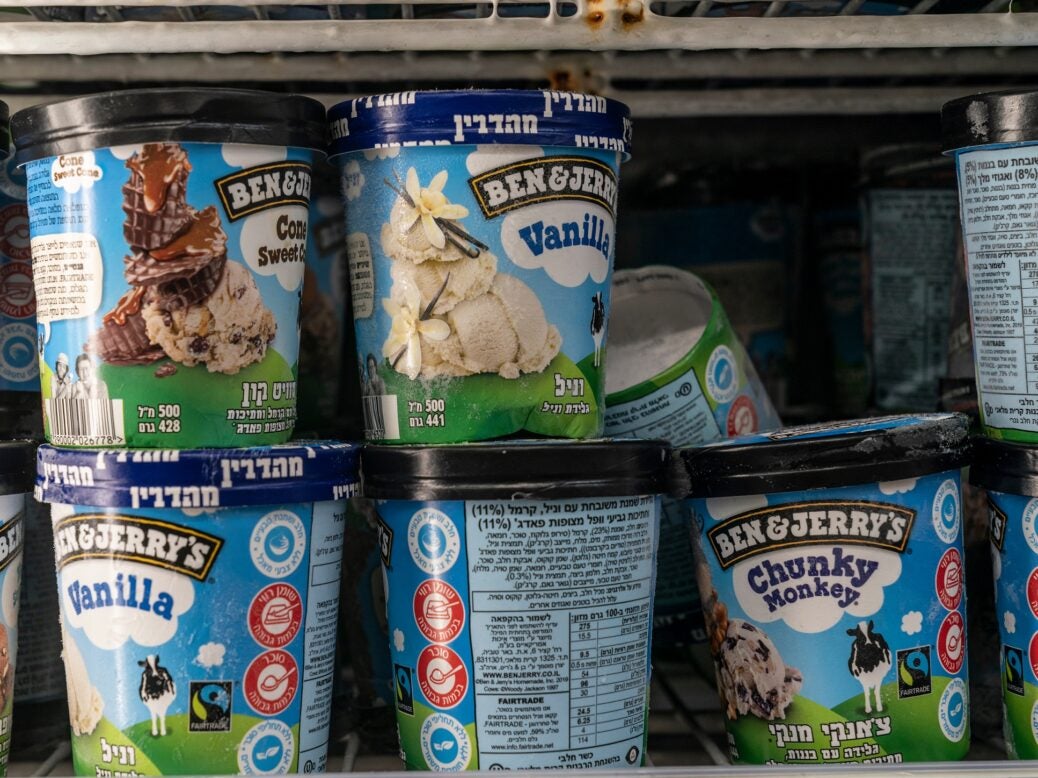 Haifa, Israel, 25 July 2021: Containers of Ben and Jerry's ice cream seen on sale in Mega supermarket on HaNassi Blvd
