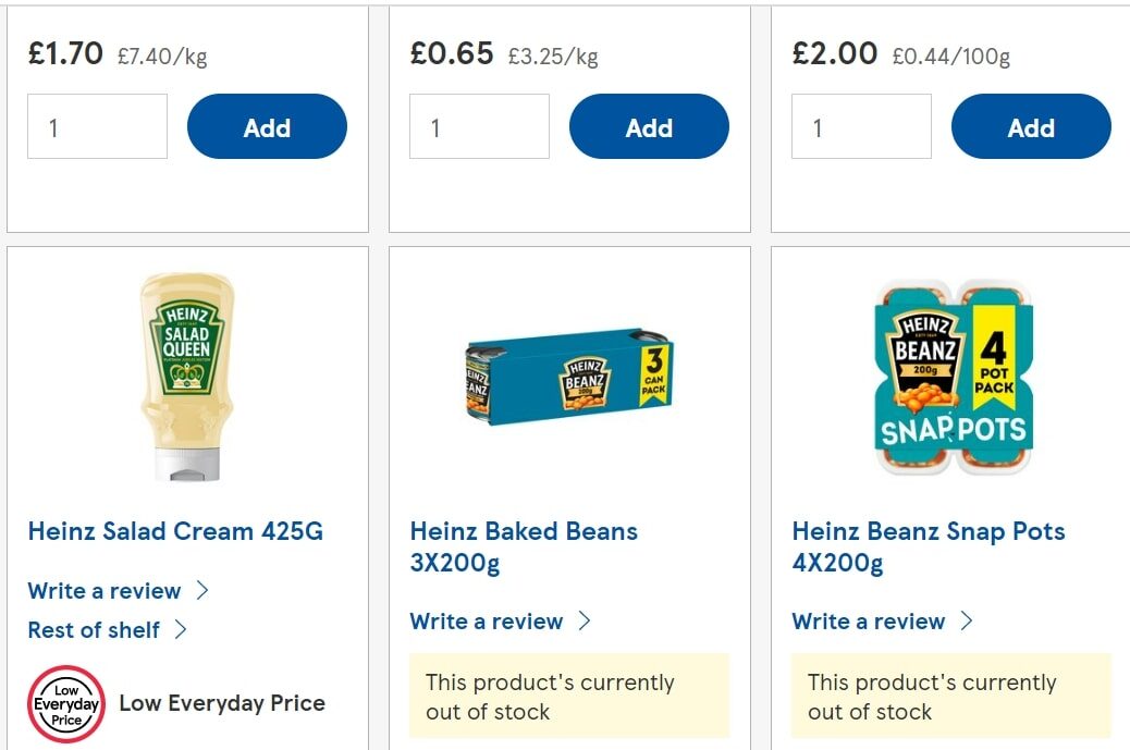 Screen shot of tesco.com website Heinz product listings 29 June 2022