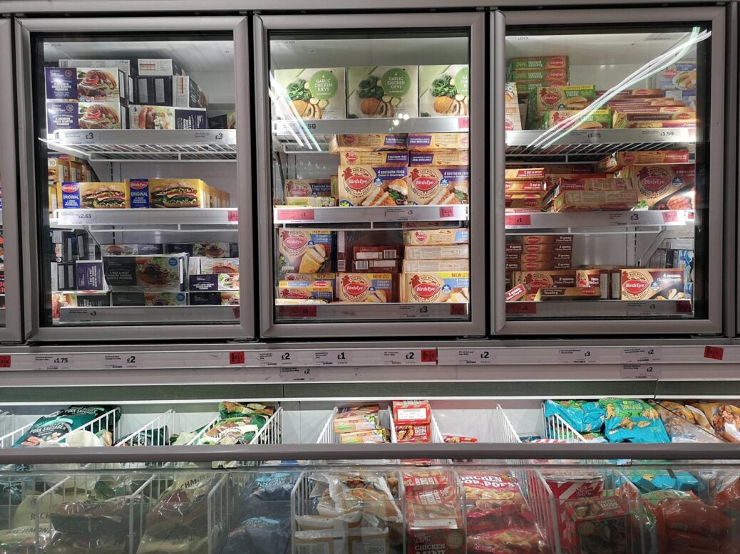 Frozen food on shelves in London, UK, 7 October 2019