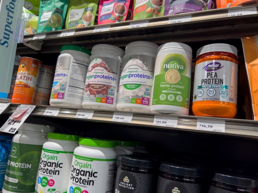 Variety of protein powders and supplements at the Town and Country Market store in Mill Creek, Washington, USA, May 2022