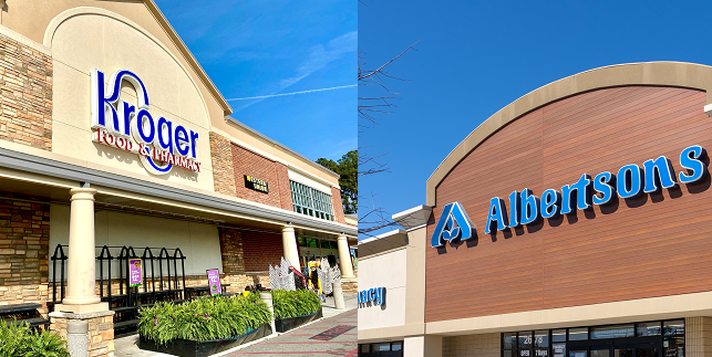Composite image of Kroger and Albertsons stores
