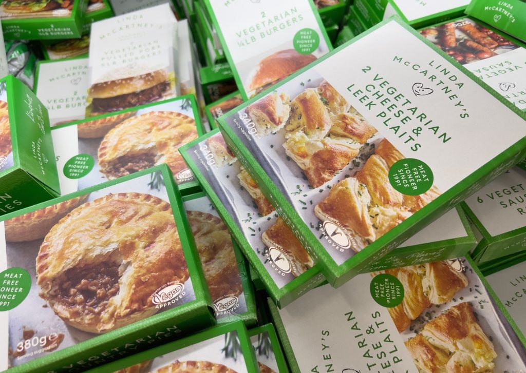 Packets of Linda McCartney vegan and vegetarian food products in a supermarket, London, UK, 4 November 2021