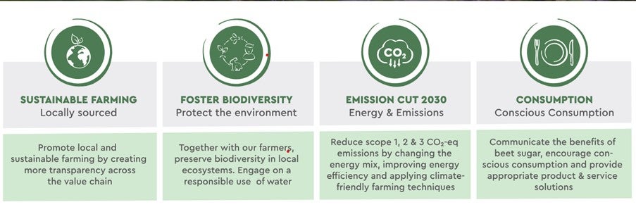 Infographic showing the four impact areas of the Südzucker Sugar Division  