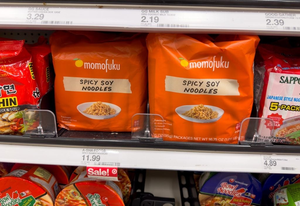 Packages of Momofuku Spicy Soy Noodles on display at a local grocery store, Los Angeles, California, United States, 16 August 2023