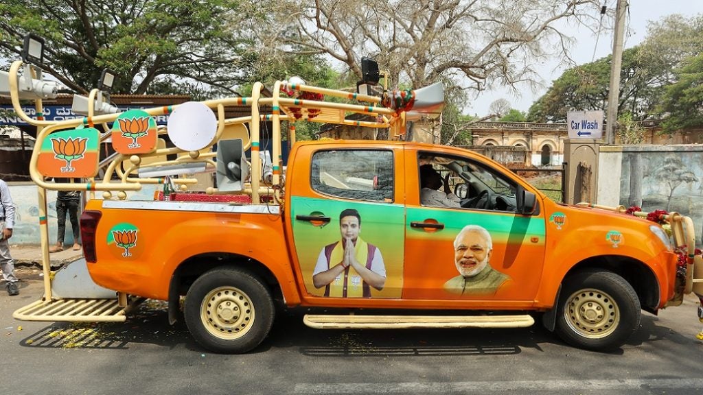 A pick-up truck converted into a political campaign vehicle for India Prime Minister Narendra Modi’s BJP party in Mysuru, India, 17 April 2024