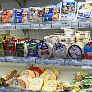 Cheese imported from Europe is displayed at a supermarket in Beijing on 21 August 2024. Credit: Pedro PARDO / AFP via Getty Images