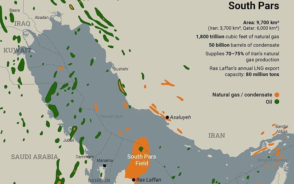 An infographic titled ‘One of the world’s largest natural gas fields: South Pars’, created in Ankara, Turkiye, on 19 2026. Credit: Yilmaz Yucel/Anadolu via Getty Images