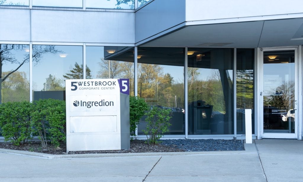 Ingredion sign at company headquarters in Westchester, Illinois, United States